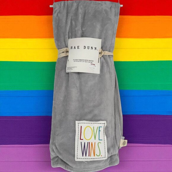 NEW Rae Dunn Plush Patch LOVE WINS. Blanket Throw PRIDE LGBT Rainbow 50" x 60" - Picture 1 of 7